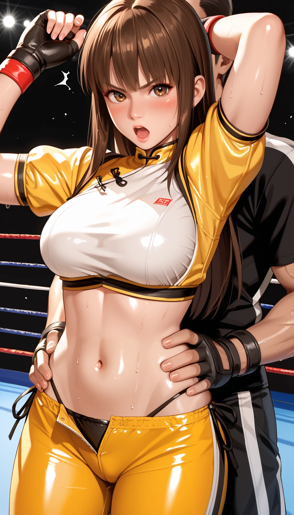 LeiFangDOA, brown hair, (long brown straight hair:1.5), shiny crop top, shiny yellow leggings, short sleeves, fingerless gloves, breasts, armpits, gasp, be breathless, sweat, sparkling sweat, trembling, brown eyes, breasts, looking at viewer, [[angry]], blush, {anguish}, {{shameful}}, wrestling ring, man grabbing her waist from behind, nsfw, exposed black side-tie panties:1.4, black side-tie panties:1.3, pull down pants:1.5,