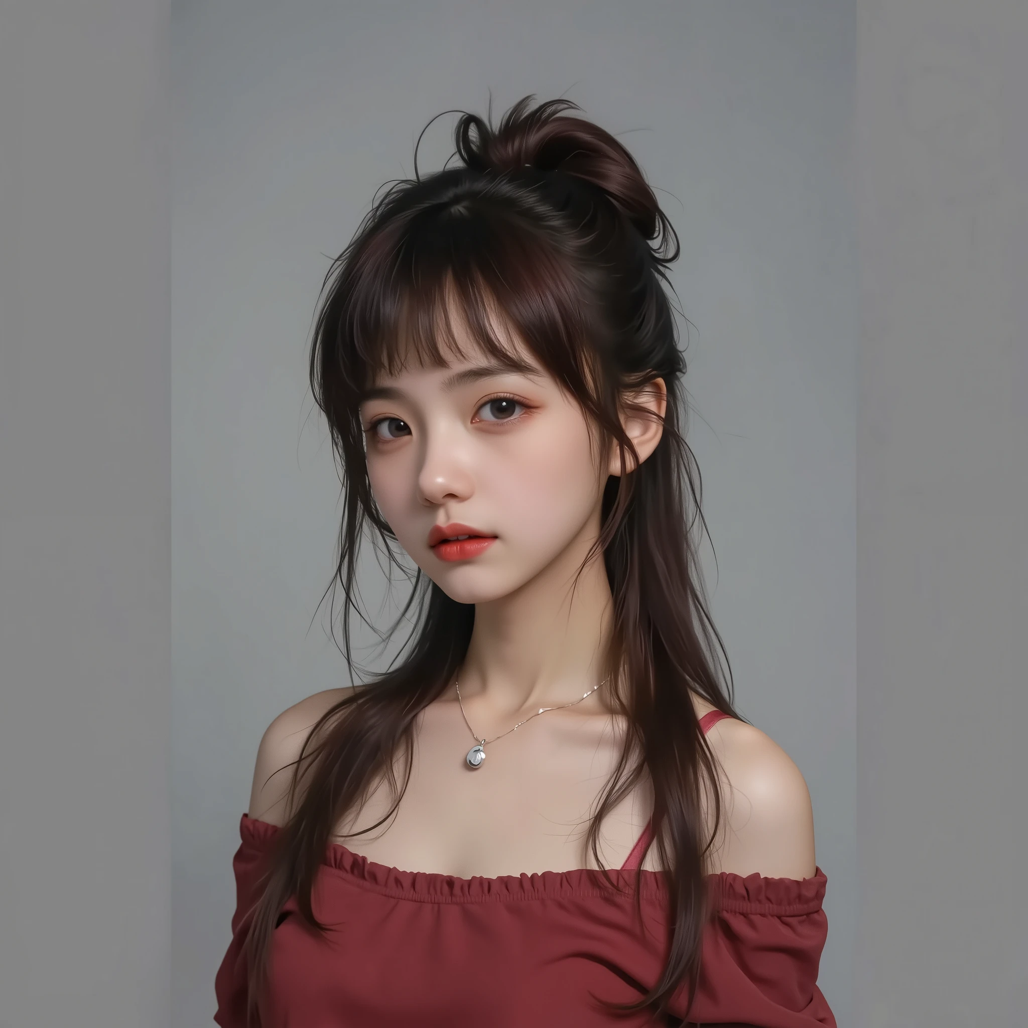 Yoshihide , Maroon Bangs Hairstyle, Wear a large maroon t-shirt, with comfy jeans or skirt, Mid-range , On the Street, detailed portrait , realistic, Professional Photography, studio, clear focus, physically-based rendering, ULTRA DETAILED, 8,000, HDR, bright colors , Warm colors.