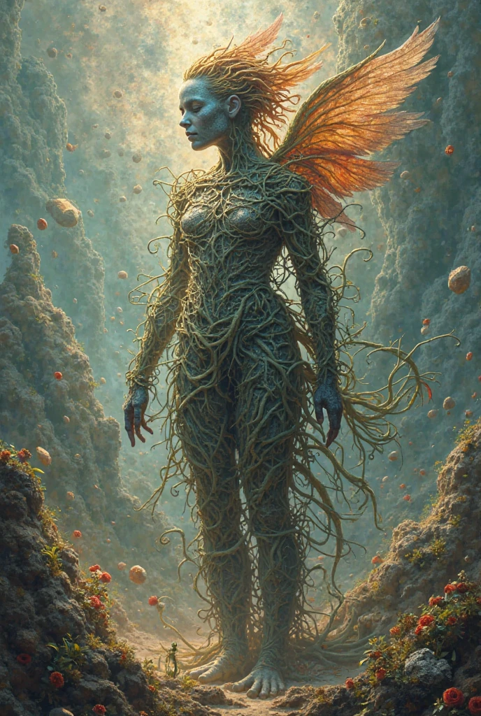 close up, Arbomorph A hug of nude woman face turn into a leafy tree, with roots as legs, branches like arms, some leaves fly on a blue sky background,