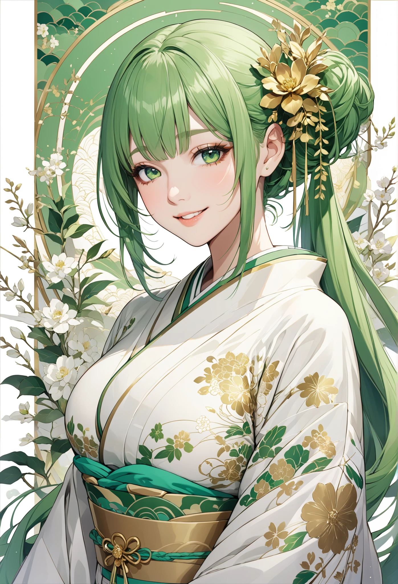 ,(Vocaloid) design illustration of a beautiful young woman wearing a traditional Japanese costume , Green Hair、 Green Hairロングヘアツインテール、green eyes、Green eyeball、white kimono、delicate floral patterns and gold accents . Very Very Very Big Breasts (Big Breasts:9.9)、 characters have a gentle expression , incorporating a delicate gold flower design into the background、make it look gorgeous、brown eyes、smile、満面のsmile、恋人に対する優しいsmile、cute