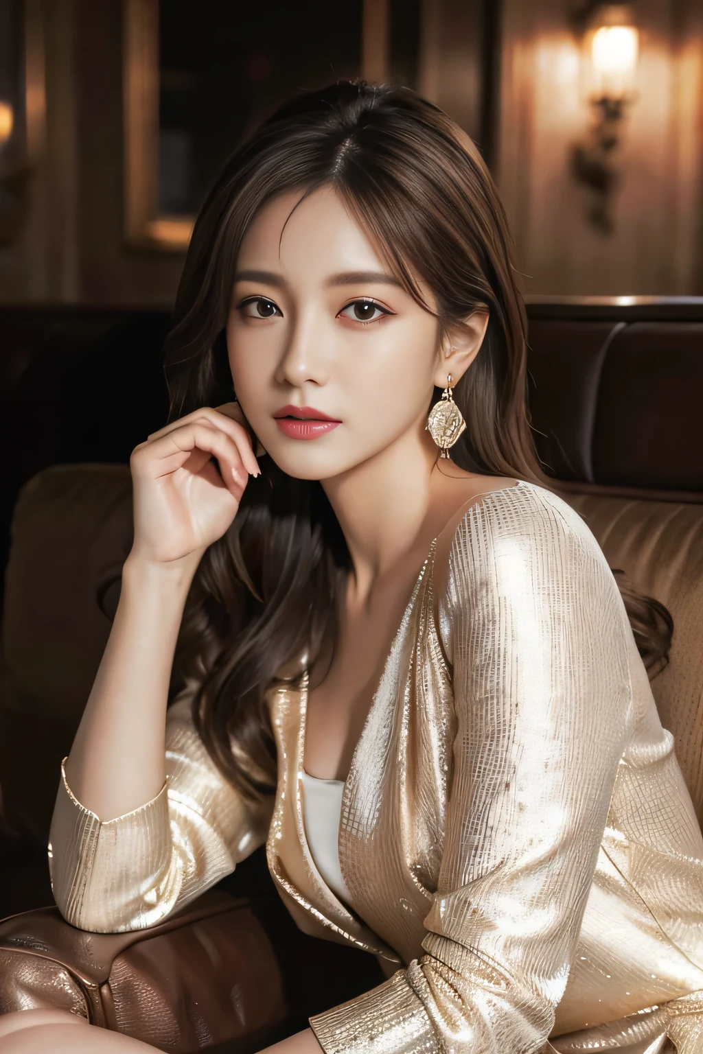 highest quality,masterpiece,ultra high resolution,(actual:1.4),original photo,ultra high resolution,8K,there is a girl,fashion,winter,confident and beautiful,calm temperament,whole body,street,long legs,((Hair with loose waves inside:1.2)),((silver necklace_Large earrings:1.2)),((Super long brown hair:1.2))、((Strongly blurred beautiful office corridor background:1.1)、The most natural and perfect office hallway、perfectly organized hallway、(shy smile:1.3)),((gold necklace_Large earrings:1.2)),((Angle from directly above:1.1)),((Bewitching beautiful mature elite secretary in luxurious silk blouse:1.3)、
