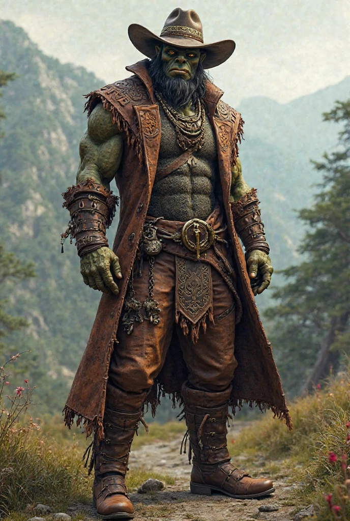 A 40ish man devotee of Warhammer chaos god Nurgle, (bedraggled, black hair, brown eyes, dirty and dingy, european features, dirty worn clothing, tabard with christian markings, obvious chaos tain assorted holy symbol necklaces dagger and mace on belt) walking a trail