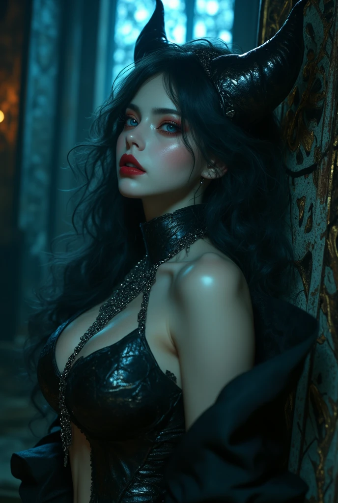 Create a vivid and chilling depiction of a soul-sucking, extraordinarily beautiful demon woman. Explore the sinister allure in her presence, blending the supernatural elements of her demonic nature with the mesmerizing charm that captivates those unfortunate enough to cross her path