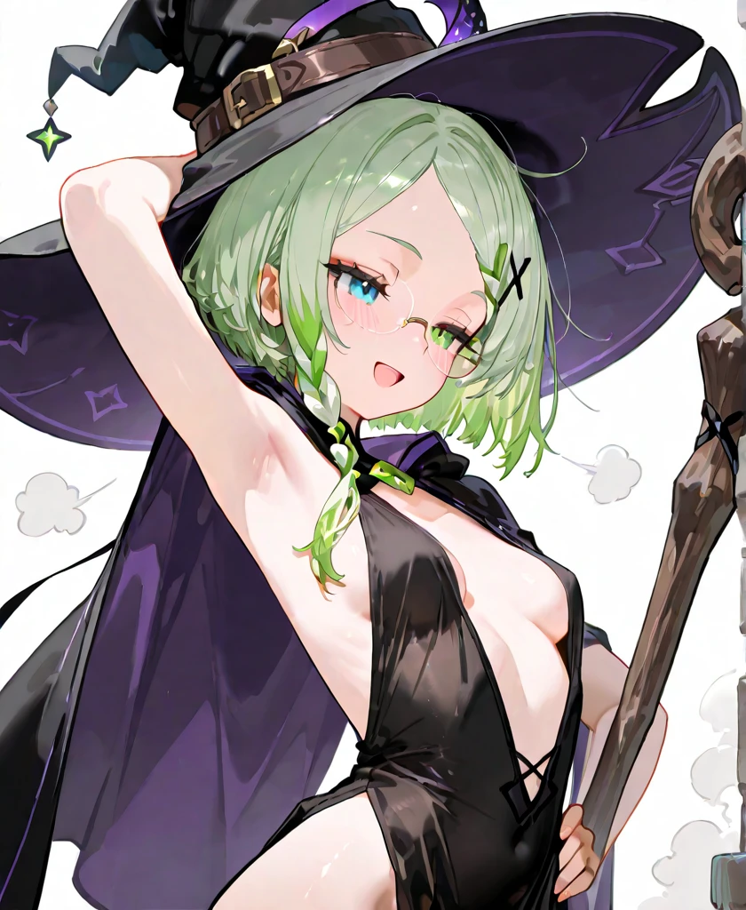 best quality, masterpiece, highres, 1girl,witch, solo, (green hair)+(bob cut hair), (Heterochromia)+(Red eyes)+(Blue eyes), (breasts:1.6), elf ears, black witch hat, black witch robes, necklace
