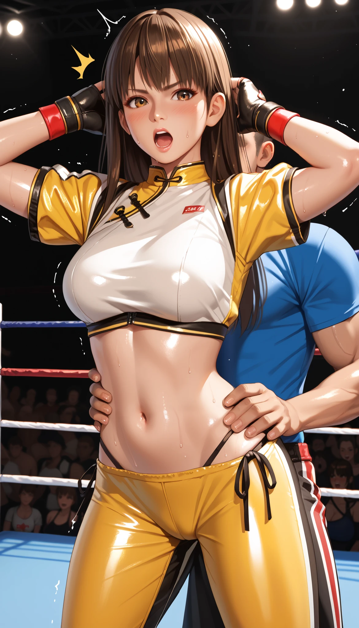 LeiFangDOA, brown hair, (long brown straight hair:1.5), shiny crop top, shiny yellow leggings, short sleeves, fingerless gloves, breasts, armpits, gasp, be breathless, sweat, sparkling sweat, trembling, brown eyes, breasts, looking at viewer, [[angry]], blush, {anguish}, {{shameful}}, wrestling ring, man grabbing her waist from behind, nsfw, exposed black side tie panties:1.4, black side tie panties:1.3, pull down pants:1.5,