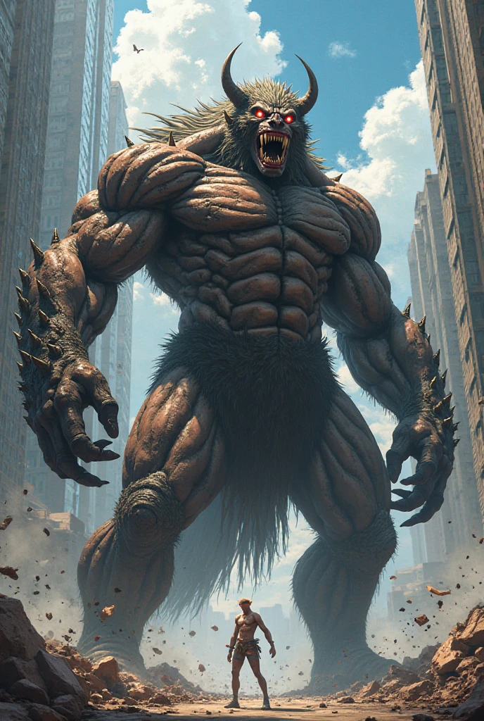 masterpiece,Super cool magical creatures,((Huge hill giant destroyed by modern city master)),roar,Violent and cruel,Tall and mighty,((petrified skin)),thick limbs,fighting,fire light,gravel,smoke,Random light and shadow,Glowing special effectinimalist style,mist,(full body portrait:1.4),European and American fantasy style,Perfect,,highlight,bright colorful shades,Ink background,OC renderer,best picture quality,high resolution,dynamic perspective