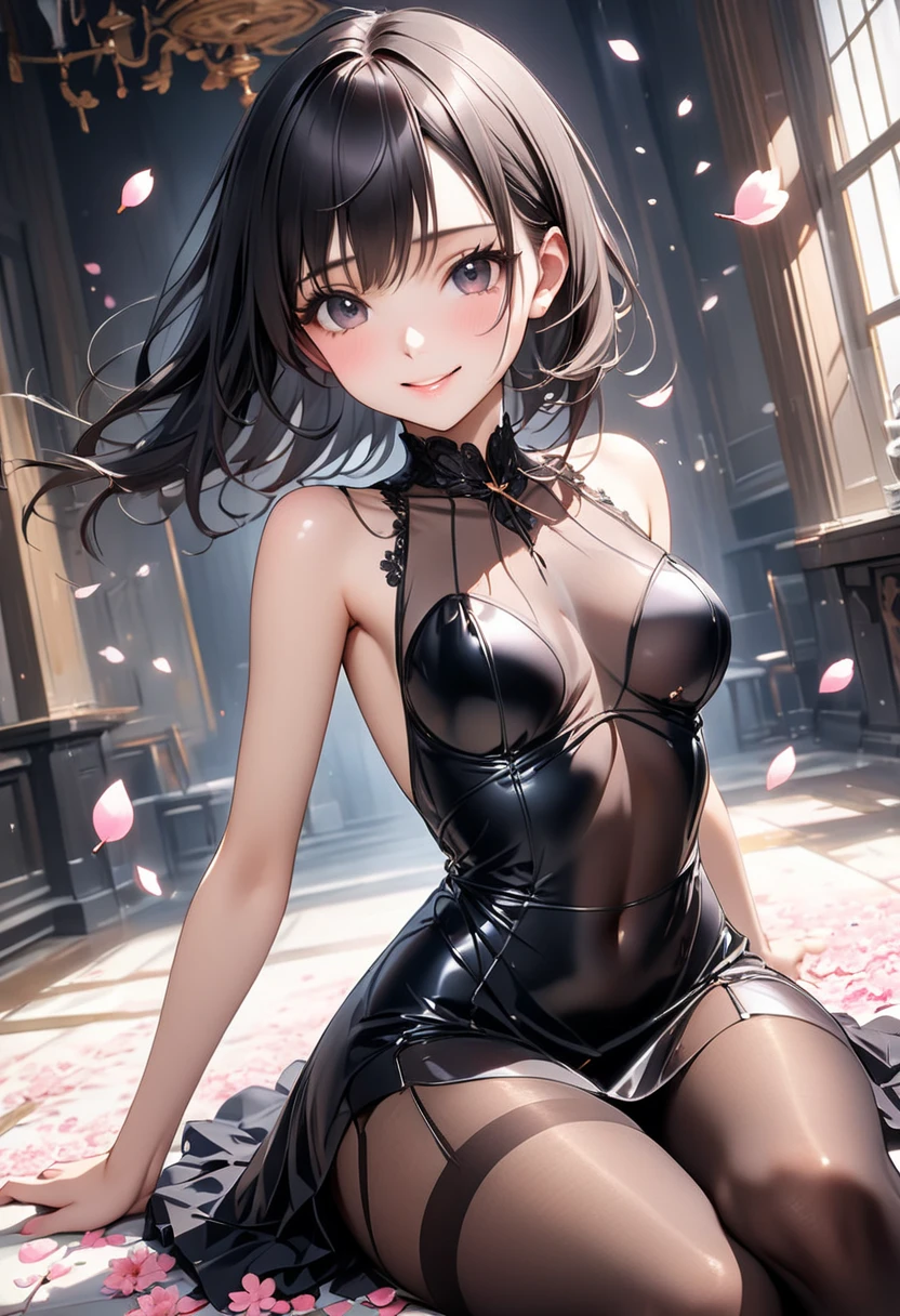 高いquality illustration, masterpiece, Very delicate and beautiful, Attractive girl,(Shiny black swimsuit、turtleneck、Black knee socks、Black gloves),thin,Slender body,slim、casino、casinoの背景,Princess, Beautiful Eyes,A light smile,(masterpiece, Highest quality:1.2), High resolution, Very detailed CG ユニティ 8k 壁紙, Perfect lighting, colorful, 超High resolution,4K,Very detailed, photograph, 8k, High resolutionolution, Big Breasts Spread your legs Female organ Thick pubic hair Pubic hair Close-up of the crotch from directly below