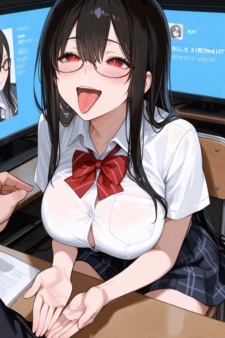 1girl,Blowjob,A girl is licking a penis with her tongue,1boy,penis,Honors Girl,Facial,Bukkake,Black Hair,黒いGlasses,Looking up,A lot of semen,School classroom,NSFW,Glasses,Straight long hair,Facial,blush,looking at the camera,