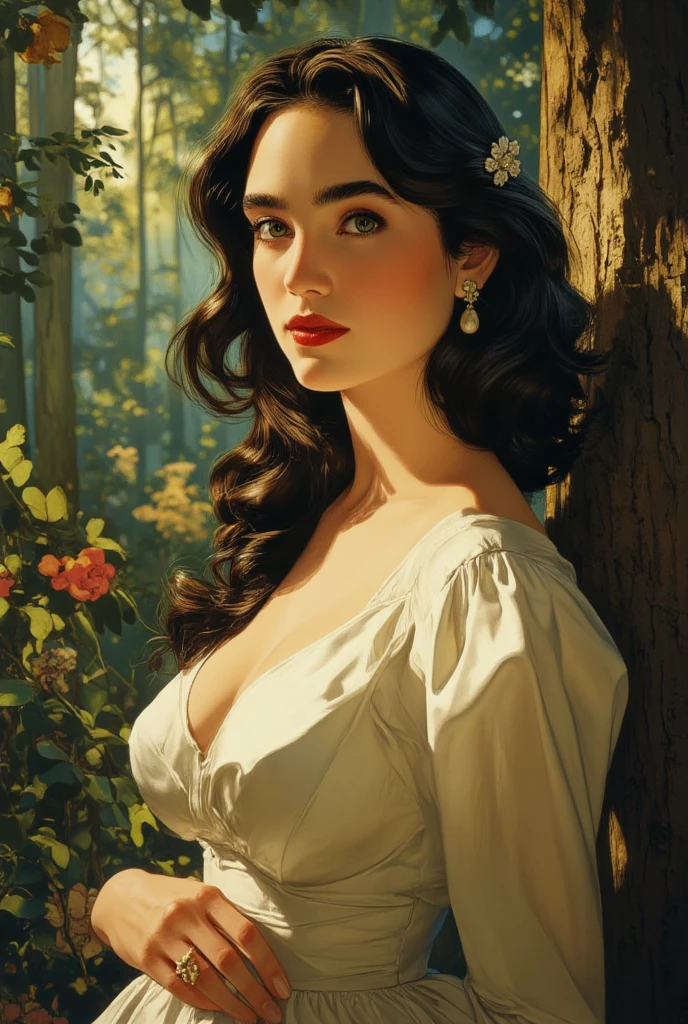 A colored pencil sketch of A beautiful Aristacrat woman with large elegant, hawk-like-nose, who embodies old fashioned class, sophistication, elgance as well as wholesome, natural beauty. curvy, thin-waist, wide-hips, swaying-hips. . Oppulent historically accurate victorian dress.  mash up of Laura Vandervoort Alison Brie, Scarlett Johanson She is litting seductively under a live oak tree.