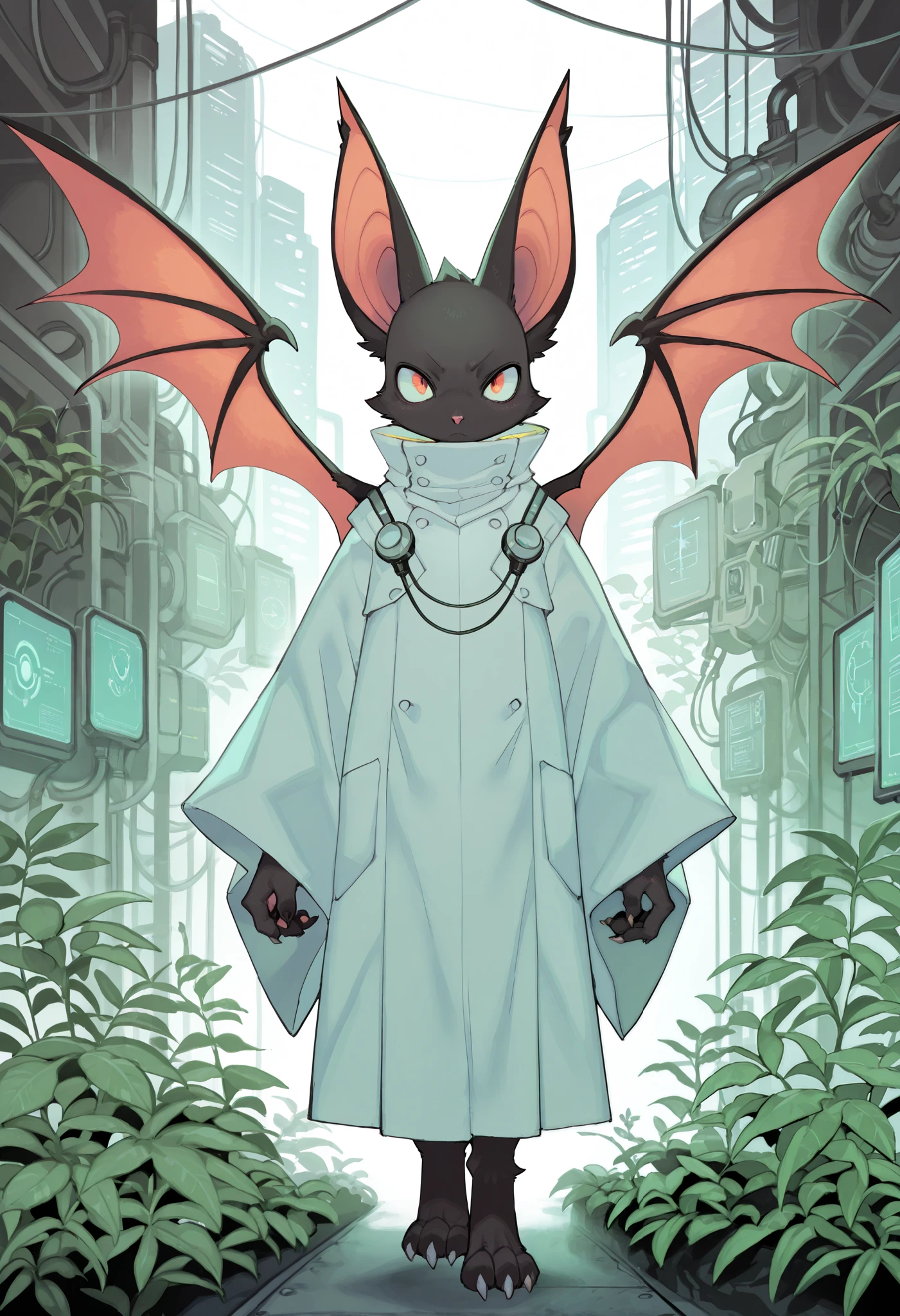 masterpiece , newest , absurdres , score_9, score_8_up, score_7_up, score_6_up, safe, 1boy, solo , wings , furry , furry , with black fur , looking at viewer, robe, scientist, technology, eco, mystical, plants, cyberpunk, serious, curious, ironic, bat_wings, bat ears, rikose , furry , bat , animal ears , body fur, flying, animal nose, claws , bat (animal)