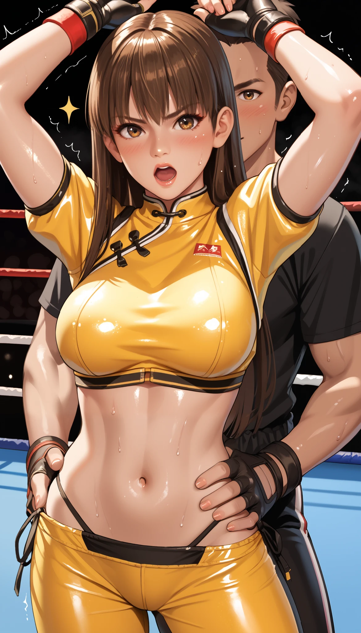 LeiFangDOA, brown hair, (long brown straight hair:1.5), shiny crop top, shiny yellow leggings, short sleeves, fingerless gloves, breasts, armpits, gasp, be breathless, sweat, sparkling sweat, trembling, brown eyes, breasts, looking at viewer, [[angry]], blush, {anguish}, {{shameful}}, wrestling ring, man grabbing her waist from behind, nsfw, exposed black side tie panties:1.4, black side tie panties:1.3, pull down pants:1.5,