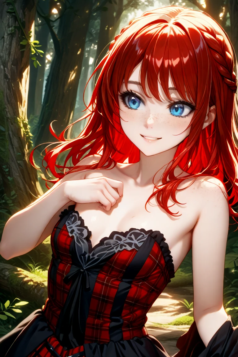 the overall theme and style should feel like. a hybrid of fairytale and Science Fiction. extremely beautiful model, 20 years old female, long bright fire red hair, hair that has a mettalic glimmer and sheen. realistic, perky breasts, cleavage,, oppulent form fitting hooped skirt, red corset, large tiara all dovered in ornate detailed lace and filligree. Wide Smile, Eyes Detailed & Wide, Dynamic Pose. Ultra HD, Rococo-Inspired Fantasy Art With Intricate Details. Cute, Charming Expression, Alluring-Gaze, looking at viewer Beautiful Eyes, An-Ideal-Figure. Large Youthful Well-Shaped-Breasts, Attractive ass showcased. Massive-Round-Bosom, Décolletage. slim waist, fit body, full lipsWarm lights , woman in a dreamy forest at night, with fluffy hair, delicate face, realistic, real, slim, large aperture, sexy shots, attractive poses,Stunnin gly beautiful merge of Scarlett Johanson. Alison Brie, Selena Gomez. symmetrical face, photorealistic, photography, path tracing, specular lighting, volumetric face light, path traced hairmaximum quality{(masutepiece) (8K High Resolution) (top-quality)

