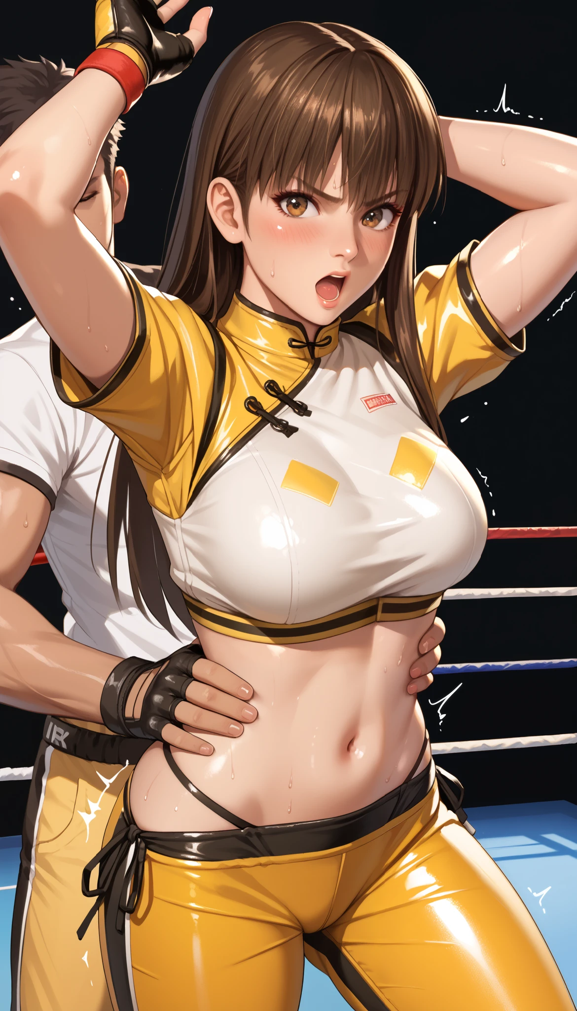 LeiFangDOA, brown hair, (long brown straight hair:1.5), shiny crop top, shiny yellow leggings, short sleeves, fingerless gloves, breasts, armpits, gasp, be breathless, sweat, sparkling sweat, trembling, brown eyes, breasts, looking at viewer, [[angry]], blush, {anguish}, {{shameful}}, wrestling ring, man grabbing her waist from behind, nsfw, exposed black side tie panties:1.4, black side tie panties:1.3, pull down pants:1.5,