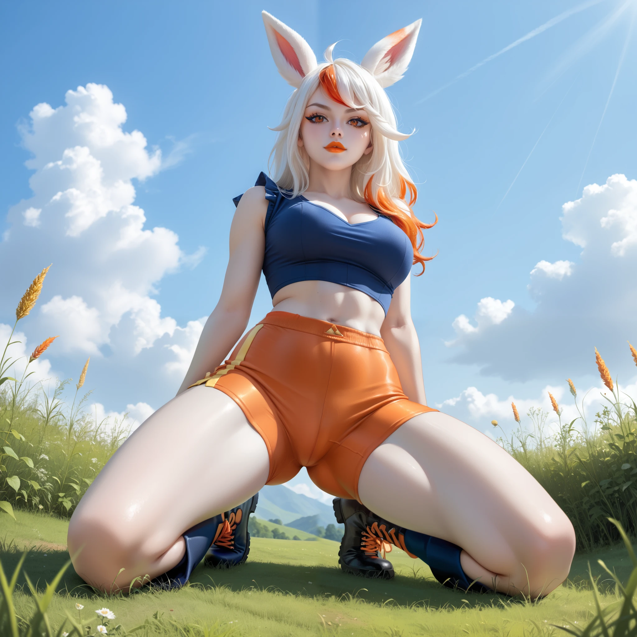 score_9, Cinderace, anthropomorphic woman, human face, orange eyes, long hair, two-tone hair, white hair with orange streak, (white skin:1.5), orange lipstick, blue crop top, orange tight shorts, blue knee-high boots, kneeling, sexy pose, sexy expression, view from below, hills, short grass, sunny day, clear sky, green place, high quality, detailed