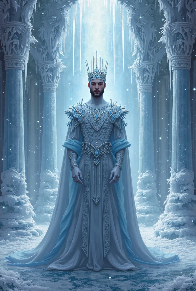 Black man ice powers. Freezing ground with hands touching floor. Crown