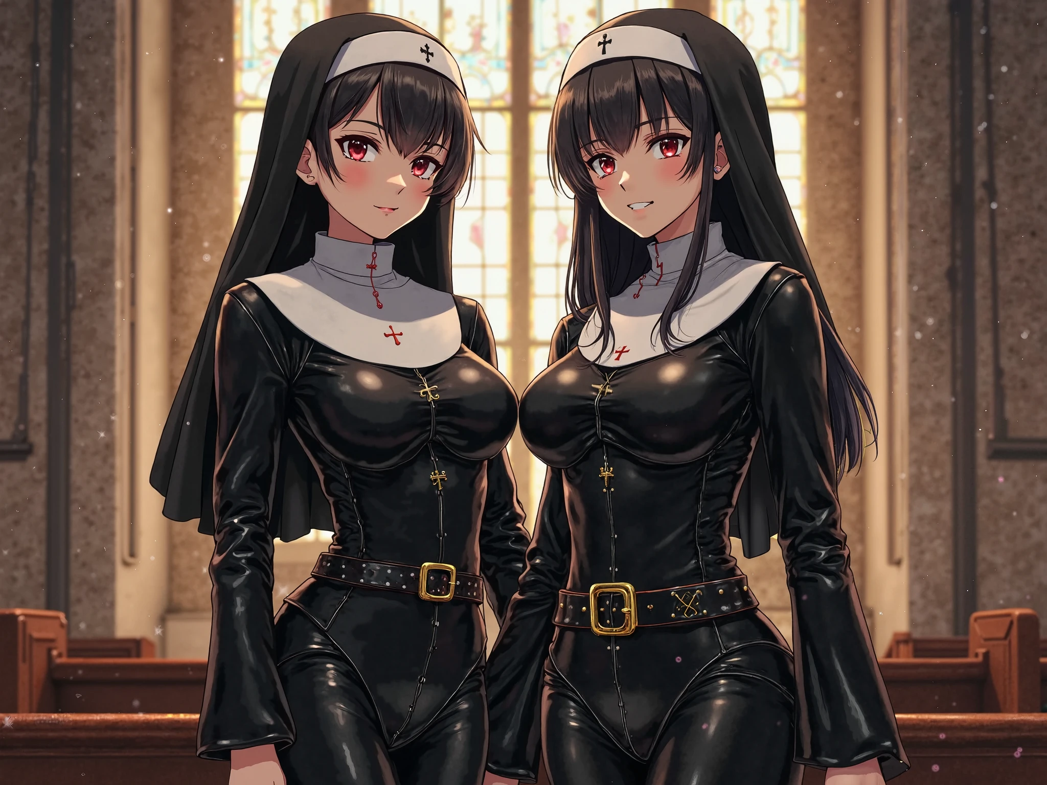 long dark hair / big tits / brown eye / nun outfit . nude tits