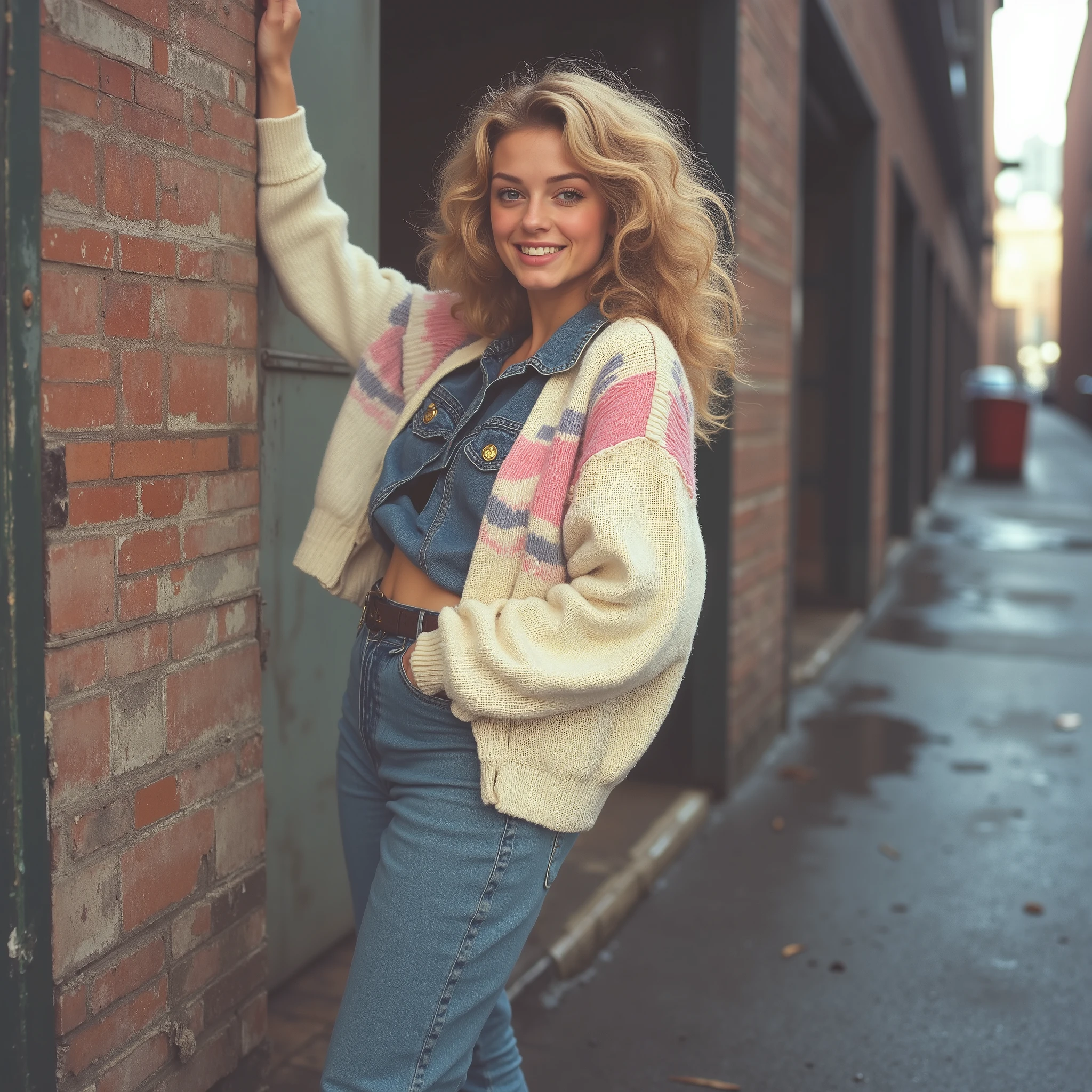Create a professional photographic shot of a young woman with voluminous, wavy blonde hair, styled in classic 1980s fashion. She stands casually against a weathered brick wall in an urban alleyway, exuding effortless charm with a warm, genuine smile. Her bright eyes reflect the soft natural light, enhancing the nostalgic atmosphere. She wears an oversized pastel sweater with geometric patterns, a denim shirt peeking from underneath, and high-waisted light-wash jeans cinched with a black belt. Her brown leather loafers paired with white socks complete the vintage aesthetic. The setting is an old city street with slightly damp pavement, and the worn brick wall behind her adds texture and depth. The lighting is soft and diffused, suggesting an overcast day or the golden hour, creating a gentle glow on her skin. The color palette consists of muted pastels and earthy tones, evoking a dreamy, nostalgic mood. The depth of field is balanced with sharp focus on the model while the background blurs subtly, reinforcing the sense of time and place. The overall composition is cinematic and evocative, capturing the essence of 1980s street style with an authentic, editorial touch. There is a sense of candidness in her pose, as if she is caught in a spontaneous moment of joy, perfectly embodying the carefree, youthful spirit of the era.