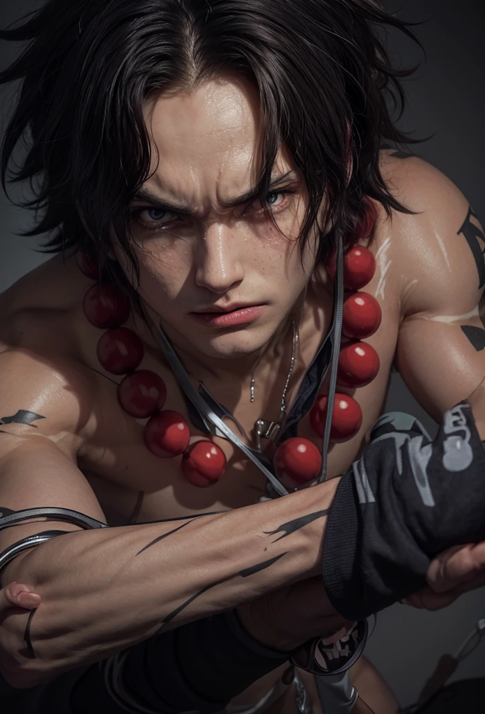 Boy, teenager, hair on fire, indigenous, bow and arrow, forest, Red eyes, Fire, Red hair, Indigenous, brown skin, fiery eyes, angry face, Tribal tattoos, black, Deformed face, eyes of fire, 