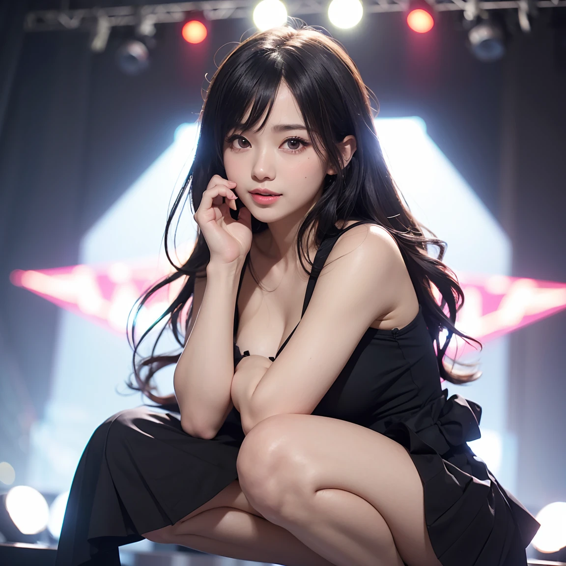 (8k, RAW photo, photorealistic: 1.25), (lip gloss, eyelashes, shiny face, shiny skin, highest quality, ultra high resolution, depth of field, chromatic aberration, caustics, wide lighting, natural shading, gently goddess-like happiness, squatting,,staring at the viewer with full body