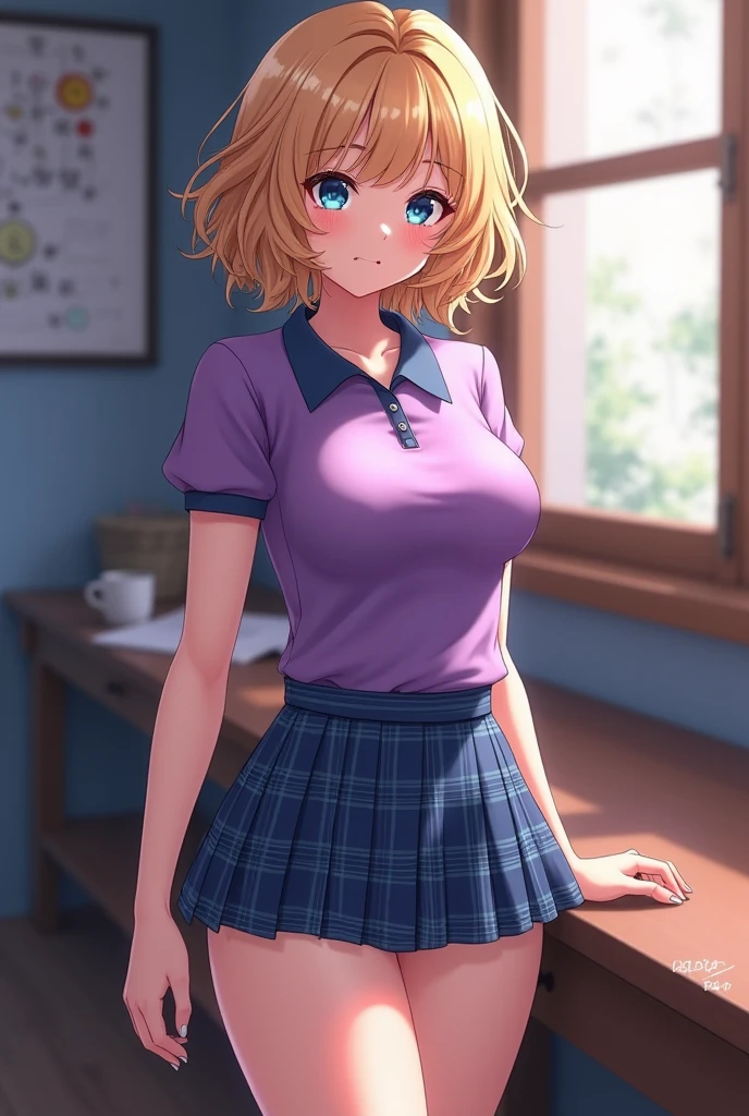 8k,masterpiece, bset quality,big, (1 girl), android 18, blue_eyes, blonde hair, short hair, professional lighting, (shiny skin: 1.2), shiny big, ((best quality)), sharp focus: 1.2, highly detailed face and skin texture, detailed eyes, perfect face, perfect body, blur art, cg, background, Big breasts, presence (20yo, mature cool and beautiful face), wearing ((blue skirt), white taut shirt, thigh), blush, (mittgal), random pose, top view, perfect eye, angry face