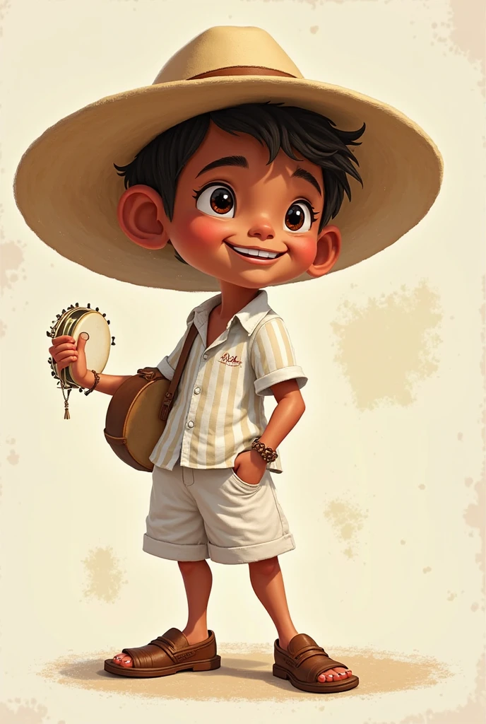 Drawing of a male child in a typical white raw cloth suit and jute pants and sandals and a small bag of charcoal from El Salvador dancing and a hat and a small bag of charcoal