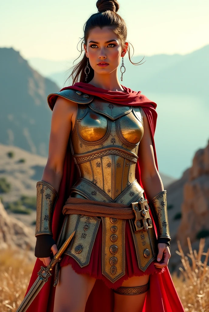A beautiful Roman woman, female legionary, courageous face, strong body, big round breast, perfect thighs, wearing Roman legionary armors, detailed highly engraved and embossed armors, chest plates, shoulder guards, Legionary helmets, gloves, standing and starring, ancient roman theme, ancient environment, good lighting, hyper realistic photo, fantasy photo, medium full shot