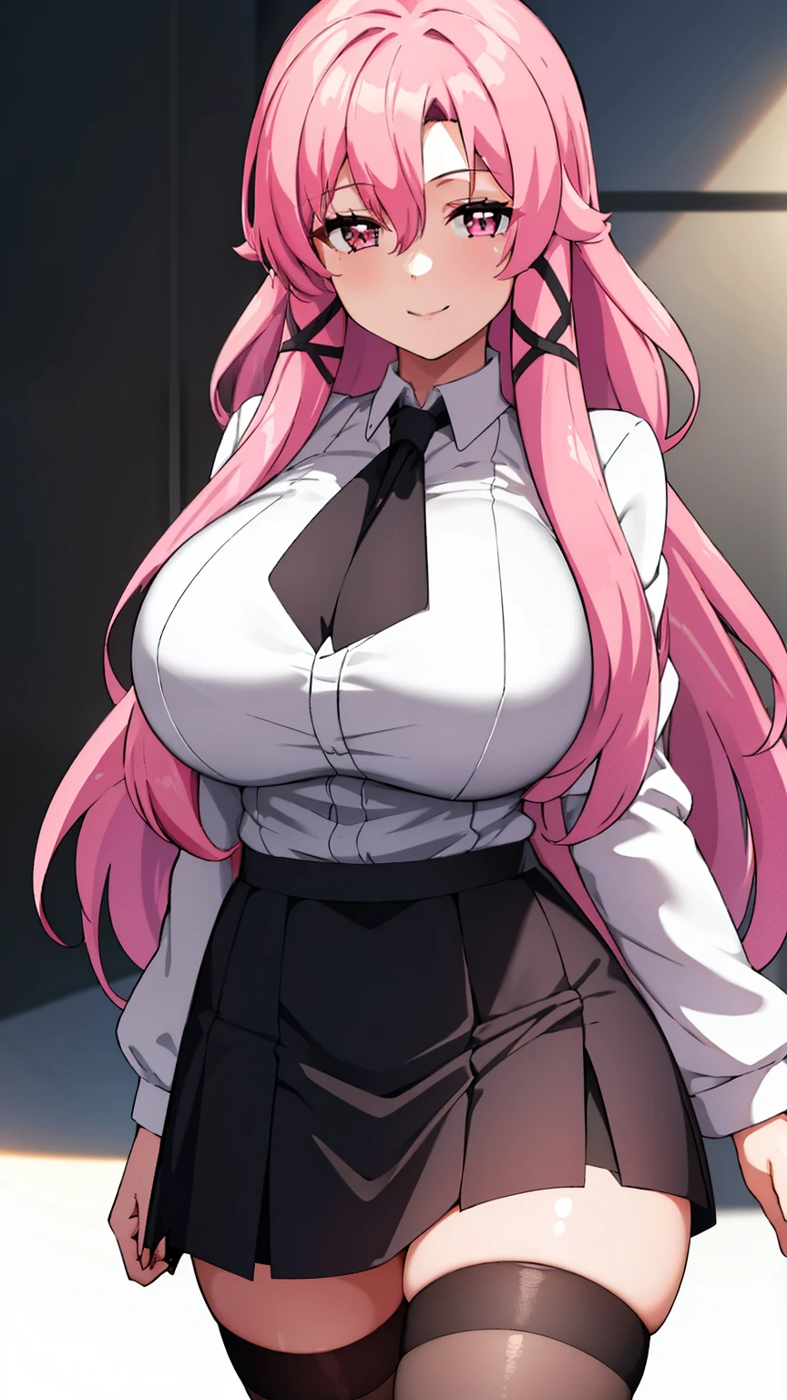 1 girl, pink hair, long hair, pink eyes, smile, sexy body, big breast, HDR, 8K, stand in the center of image looking at you, at work in the office, short black skirt, long black stockings, white shirt, black jacket, black tie