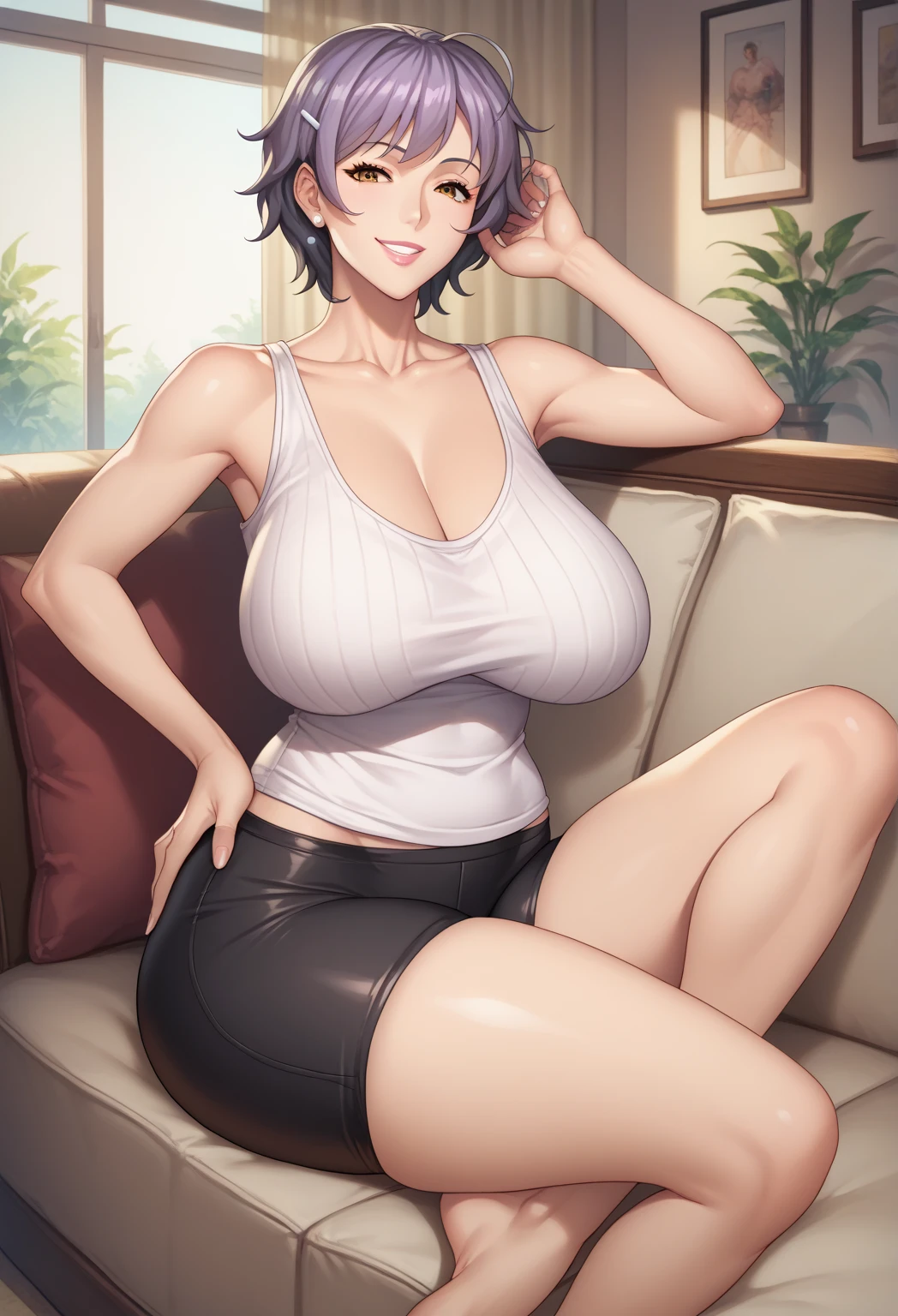 ((masterpiece)), ((best quality)), (ultra-detailed), absurdres, extremely detailed CGI unity 8k wallpaper, Official Art, Accurate describe shapes, beautiful face, expressive eyes, looking at viewer, solo, close-up, scenery, anime screencap, indoors, sofa, dramatic lighting, sitting, seductive smile, (mature female, older, huge breasts:1.4), milf, motherly, wide hips, curvy, straight hair, short hair, black hair, black eyes, pale skin, swept bangs, tank top, pants, collarbone, lips, HDR