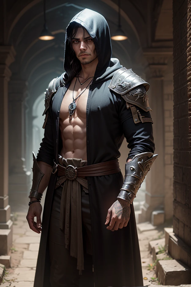 Handsome from Kazakhstan. The color of the hero's suit is brown. He is dressed without a shirt., but there is something like a cloak and a hood, but make it a hero costume. The cloak and hood are luxurious. Brown reverse logo on her hero costume