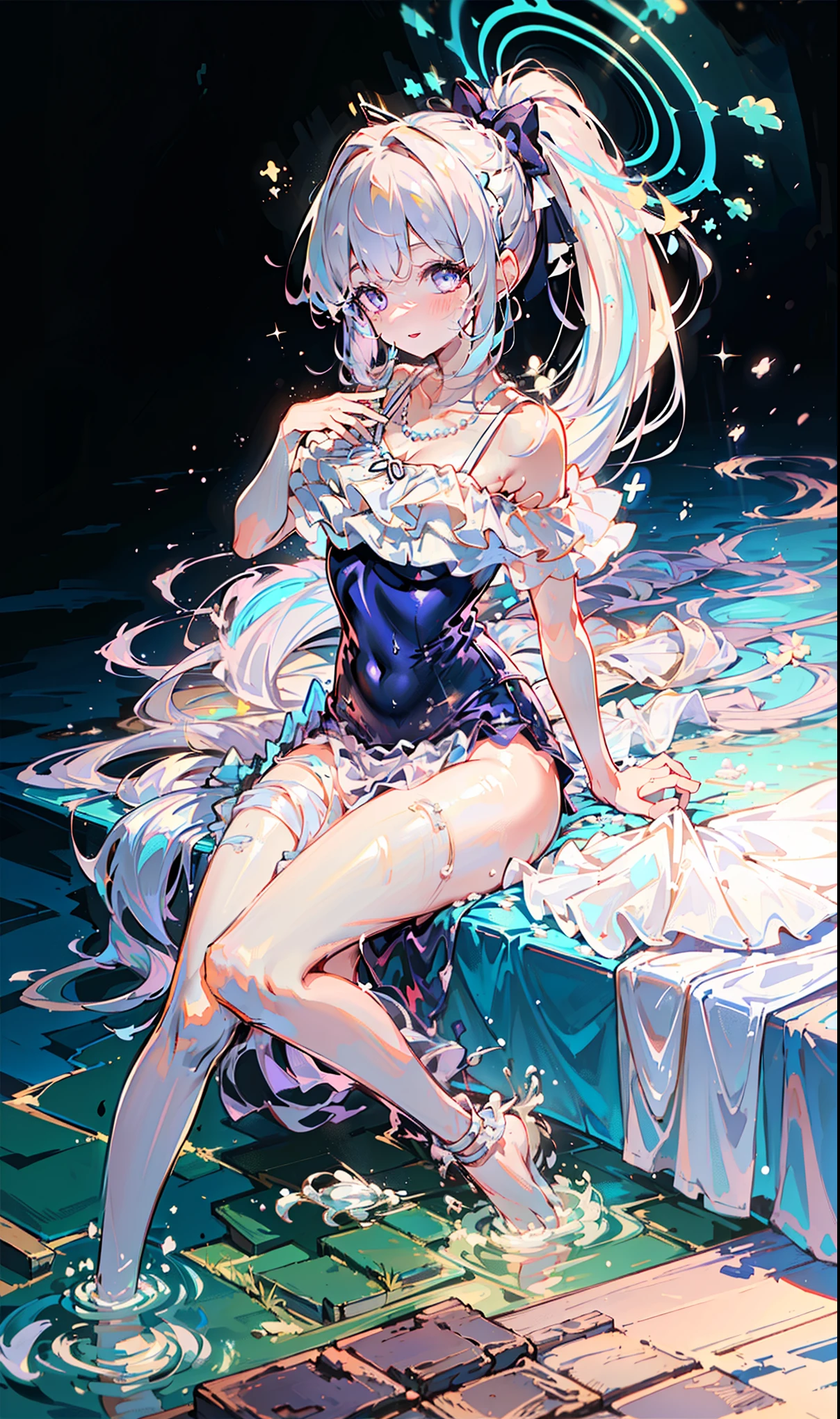 ((masterpiece)), ((Highest quality)), (High resolution, sharp, fractal), ((One Woman, Super Glowing Skin, ハナガサjellyfish, jellyfish, Internal organs can be seen through)), Extraterrestrial life, Sea, Floating, Bending legs, Hugging knees, Beautiful background, 灯りのように浮かぶjellyfish群, It&#39;s glowing faintly