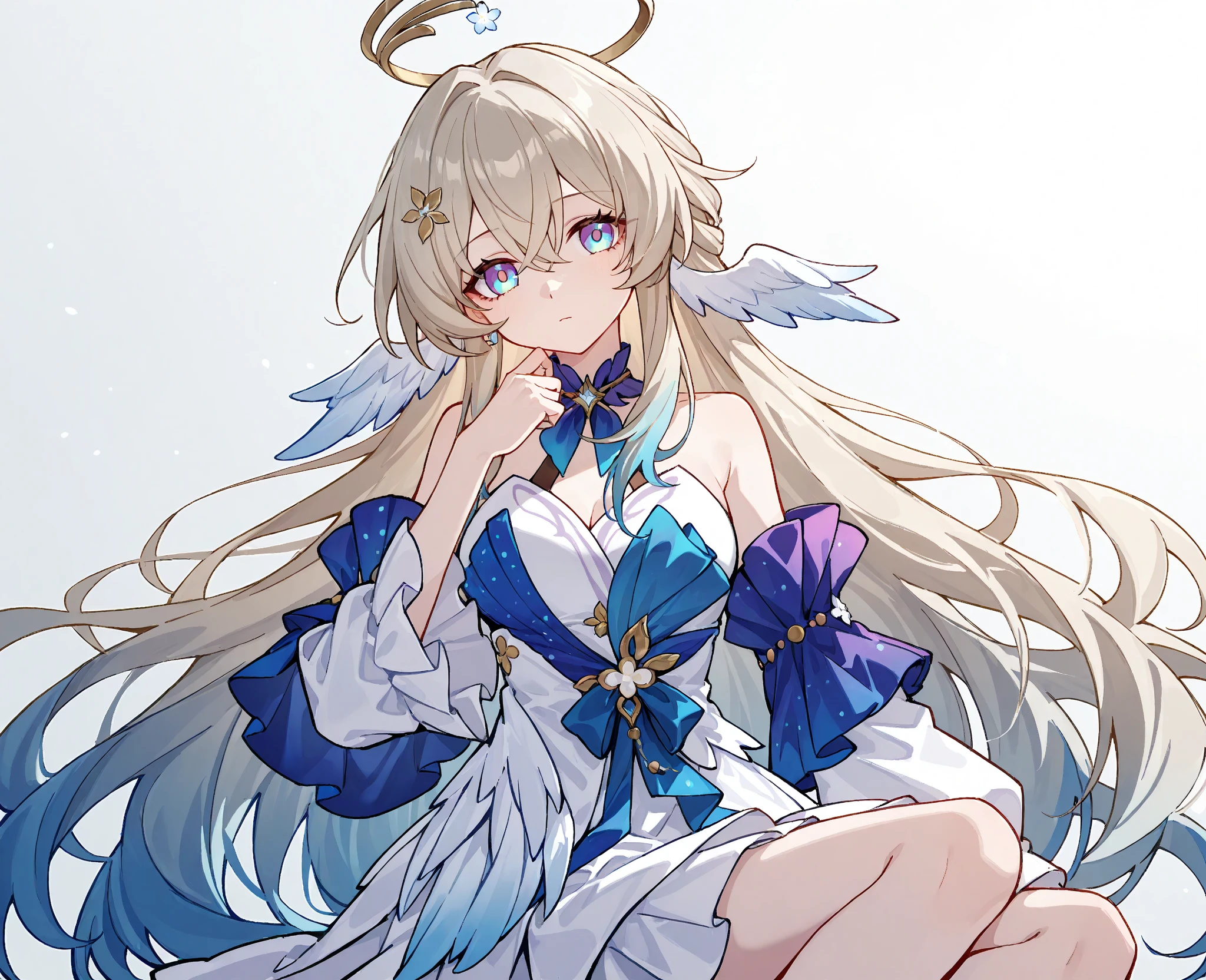 An Archangel Girl, It has 4 pairs of wings on its back, She wears a long, sleeveless white dress with gold parts, has white hair, it's flying.