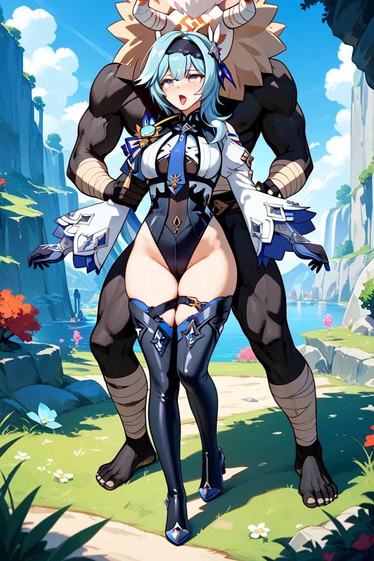 hugging, she is hugging her leg, fantasy forest, (fantasy:1.2), (forest background: 1.3), (yuri:1.5), looking at another, (2girls:1.7), (giantess:1.2), (height_difference:1.5), (size_difference:1.3), (giantess:1.1), forest background, nature environment, she is much taller than her, a giantess next to a girl, a giantess looking down at a girl, a giantess, (tall woman:1.4), (adult woman: 1.2), large breasts, navel, panties, happy, (rear_end:1.2), (very tall: 1.1), armor, gambeson, shoulderplates, from below, girl next to a giantess, woman, tiny breasts, armor, gambeson, shoulderplates, naked, long hair, embarrassed, scared, poor clothing, dirty clothing, (long_hair:1.3), big breasts, cameltoe, pussy juice, sweaty, village background, bare skin, underboob, catgirl, they love each other
