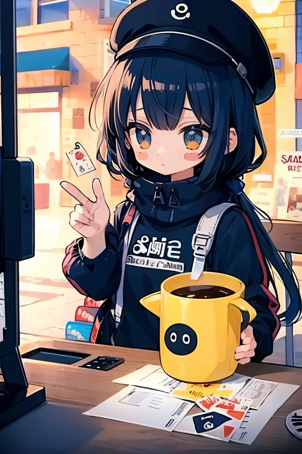 ( stickers ),#quality(8k,best quality, masterpiece),Alone, #1 girl(cute,  cute,small ,smile,floating hair,The hair color is space,twin tails,zombie skin , ghost skin  ,Skin Color Blue ,pale skin,Eye color cosmic ,eyes are shining,big eyes,Damaged Clothes,heavy metal costume,Grin,isolated on pink background,full body),#background(Monotony,pink,no background,isolated on pink background)