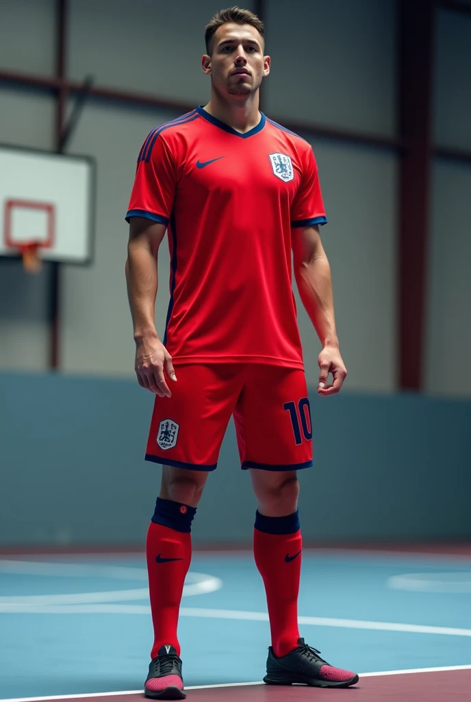 A football player, sexly, bonitas, dressed in the England uniform, flexing, muscled body, photo realist, bulging, 8k.