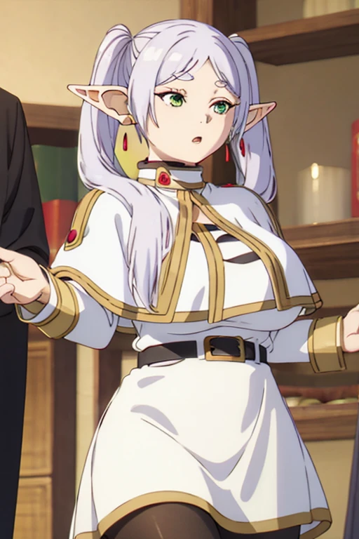 masterpiece, highest quality, (shape), alone, frozen, Pointy Ears, Twin tails, Green Eyes, Fairy, Long Hair, Gray Hair, Thick eyebrows, Parted bangs, (Stouting big breasts:1.5), Are standing, Excellentper body, smile, (Show Viewer), (close_Excellent:0.85),