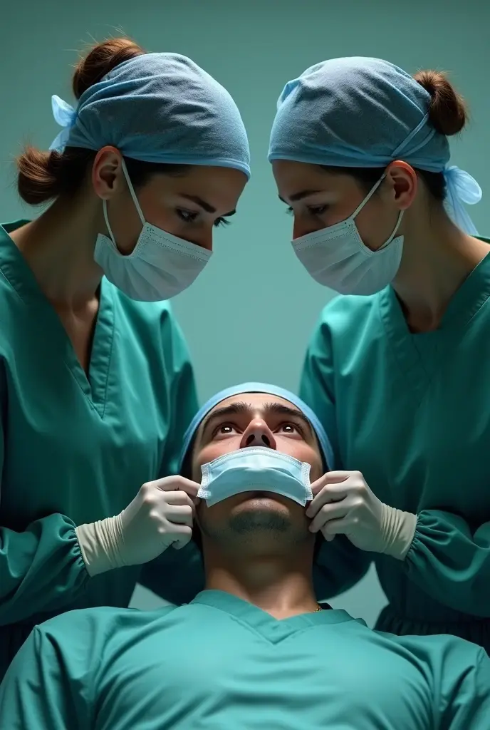 Aishwarya Rai as surgeon, wearing green scrubs, wearing skull cap, wearing surgical glasses, cuddling male patient sitting in operation theatre, fullbody view, topdown view,