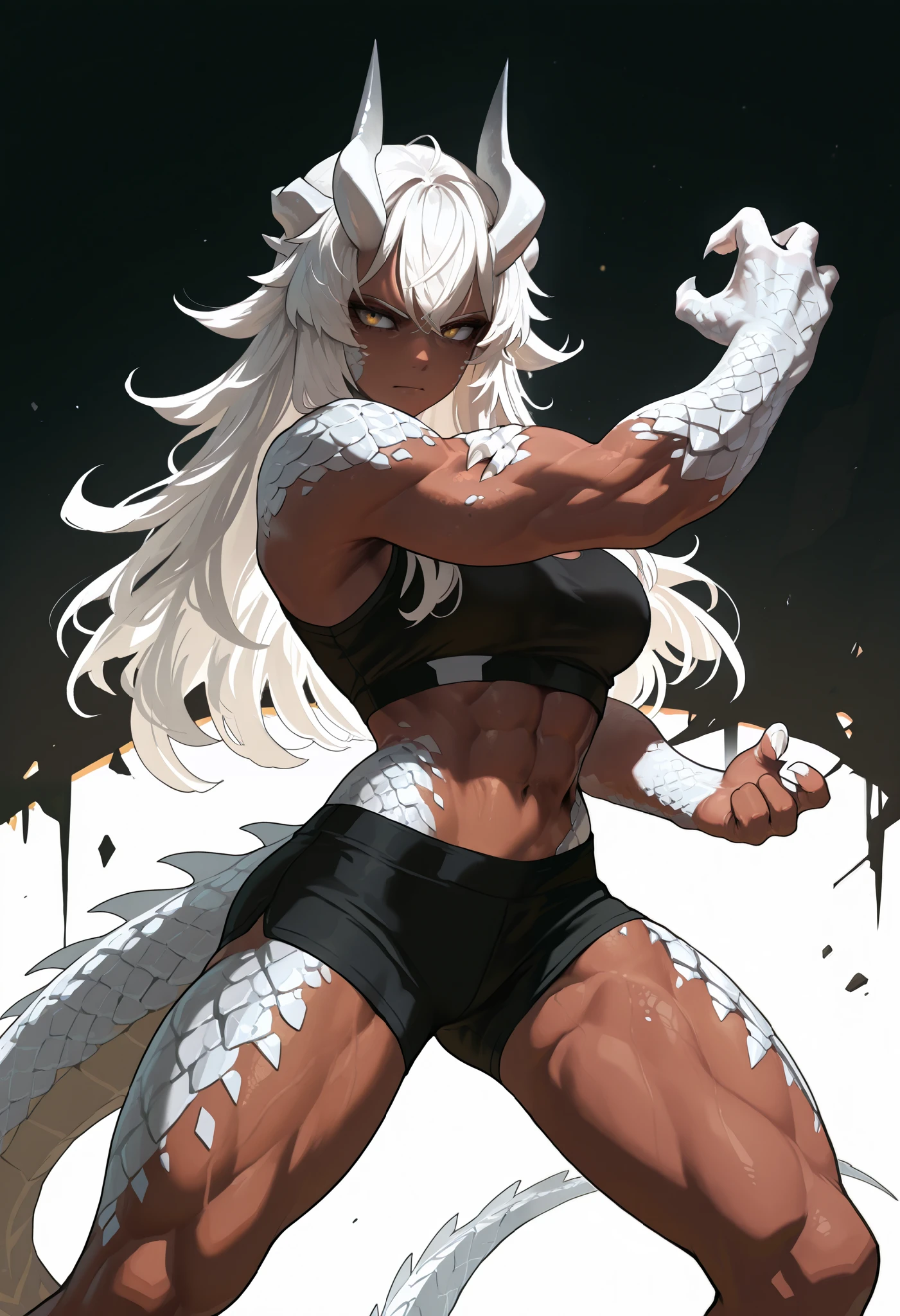 muscular creature, horns, yellow eyes, short spiky white hair, black crop top, humanoid arms with scales, sharp claws and scales, silver scales on arms and legs, calm pose, athletic, posed in a dynamic stance,dark skin tone, BREAK background is simple and muted, with a gradient effect and soft, neutral tones.
