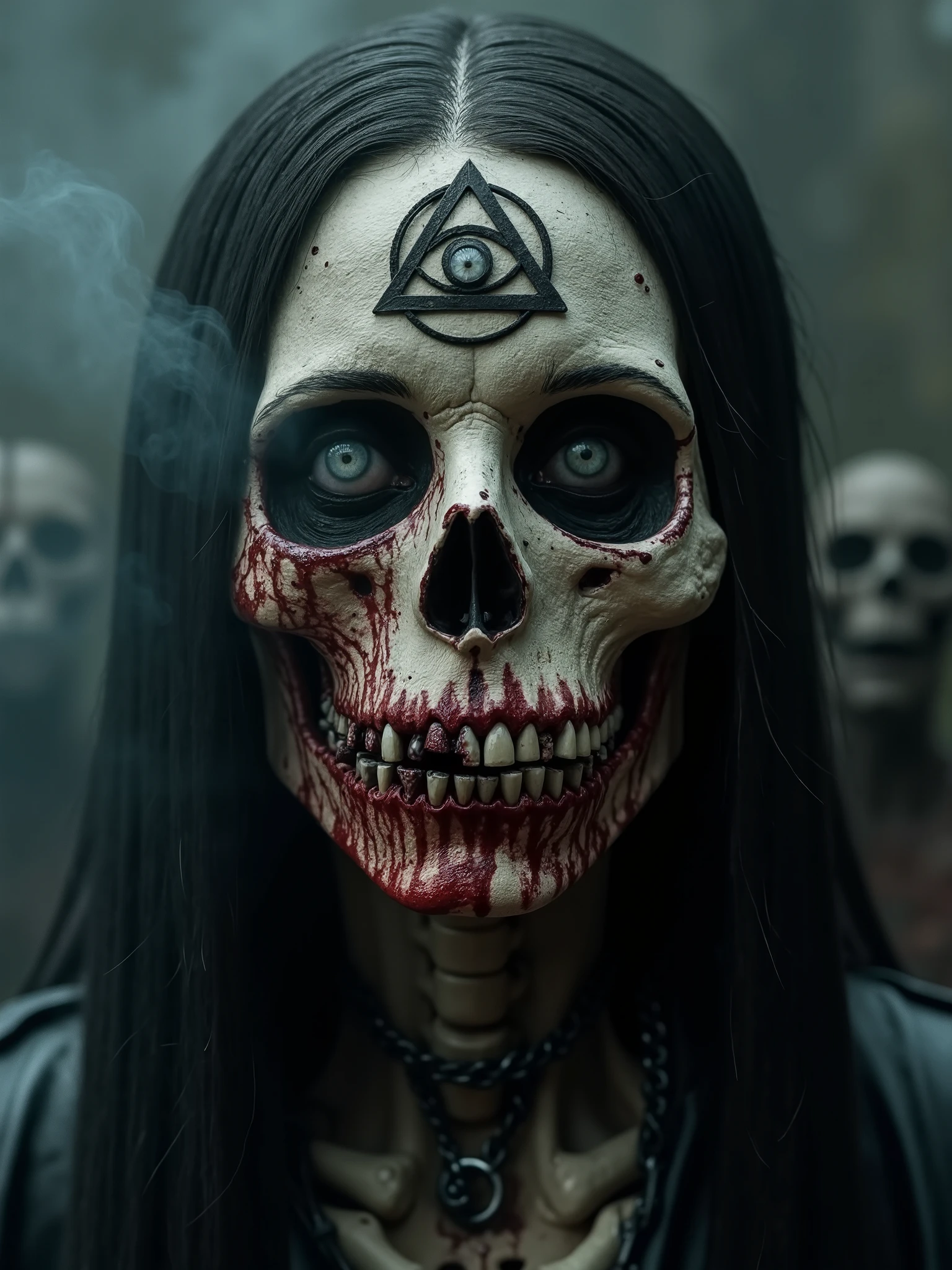 Illuminati eye symbol on a forehead af a beautiful goddess that has no eyes but the third on her forehead, goddess of necromancy, bleeding from the eye sockets that are missing eyes,dark realistic photography, lovecraftian influence,chainmail armoured endoskeleton and half rotten face, realistic surreal dark occult photography,smoke and ashes background, Steam breath from her sigh, melancholic ambience,a black figure behind her with chained hands, choking her 
