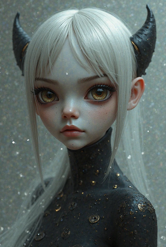 a close-up of a "portaisAI" creature posing for the camera, wearing white kitty pajamas with black spots, kitty hat, shirt, music album cover photo, realistic photo, incredible haircut, high definition, absurd resolution, height resolution, 1.4