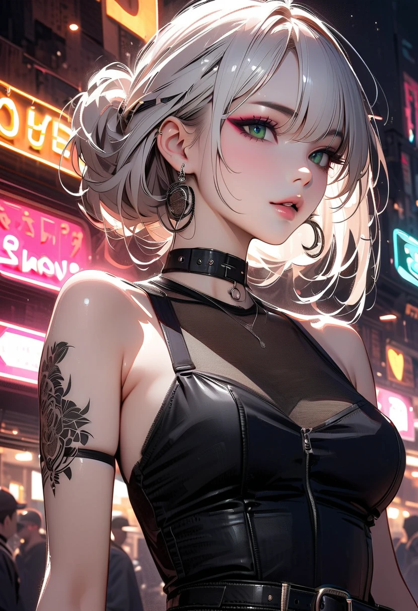 Serious asian girl with tattoos on her body, white hair and bangs, with BLACK eyes, anime style.