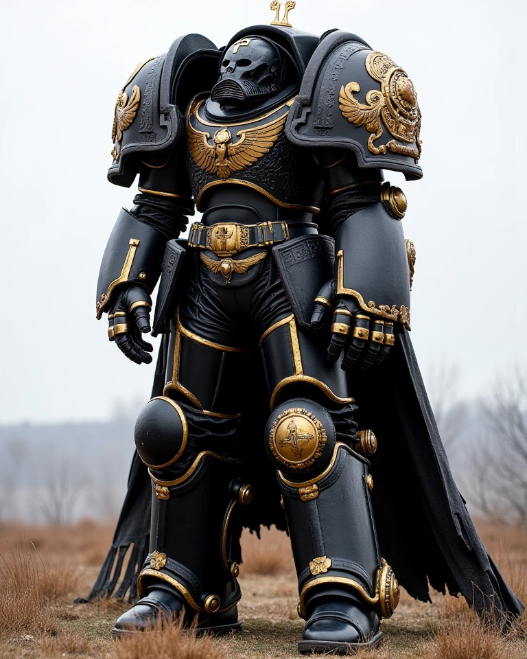 "Imagine a scene in the style of Ridley Scott cinematography, where a Black Templar Terminator stands in a gothic cathedral illuminated by flickering torchlight. His midnight black armor is accented with bold white crosses on his pauldrons and , the signature symbol of the Black Templars' eternal crusade. Gothic chains hang from his shoulders, bearing reliquaries and purity seals, and his helmet is marked with a red Templar cross. The shadows dance across his armor, evoking the zeal and fanatical devotion of this Chapter, as they march ever forward in their righteous crusade."