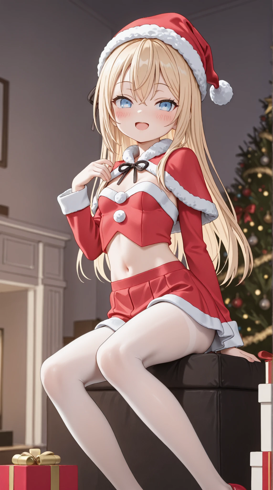 highest quality、all limbs、full finger、Slender beauty、smile、knee high、wearing long boots、Christmas 、sexy santa、Exposing too much skin、 sit on the bed and spread your legs、venue,((NSFW)),((topless)),((pussy))