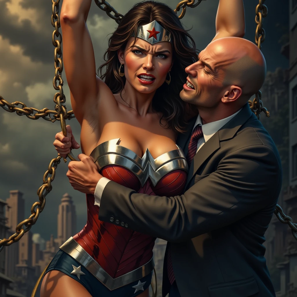IncrsPunchingArmstrongMeme, punching, BREAK, 1girl, beautiful girl, wonder woman,blue skirt, long hair, eyes close, scream, (((shackles)), ((shackles and arms down, chain leads, metal collar, wrists tied)), bondage, slavery, restraint, BREAK, (1boy, standing on side, punching,hit her), BREAK,(basemend wall backgroun, dirty, dark, creepy), best quality, masterpiece, arms up, comic style, cartoon source