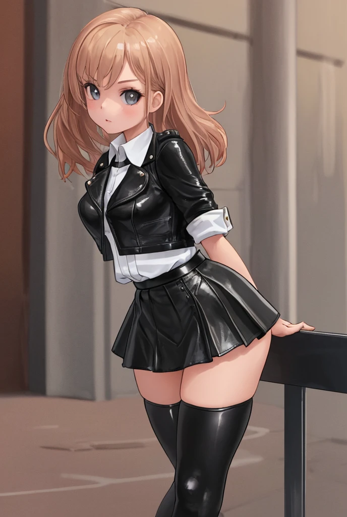 from front, masterpiece, best quality, 1girl, beautiful woman, blush, large breasts, tight skirt, shirt, lewd face, highly detailed, she is very sensually, biker leather jacket, fashion, belt
