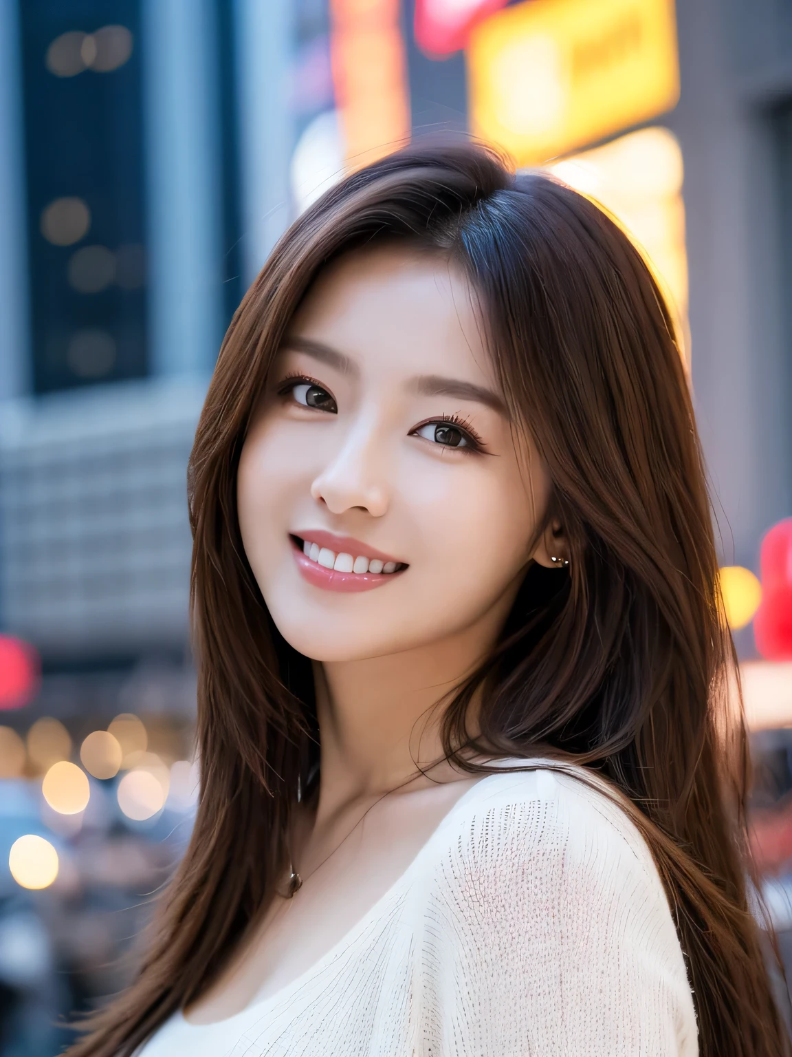 highest quality, full body, waist shot, masterpiece, dark eyebrows, ultra high resolution, realistic, very detailed, professional lighting smile, eagle nose, semi-long hair, random body orientation, background on urban city,