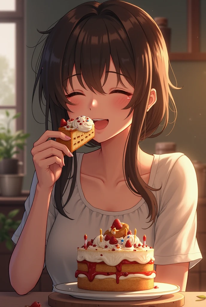 beautiful illustration, best quality, cute girl, cafe, sitting, parfait, cake, (spoken heart), happy, open mouth, close eyes, casual clothes, collarbone, long hair, black hair