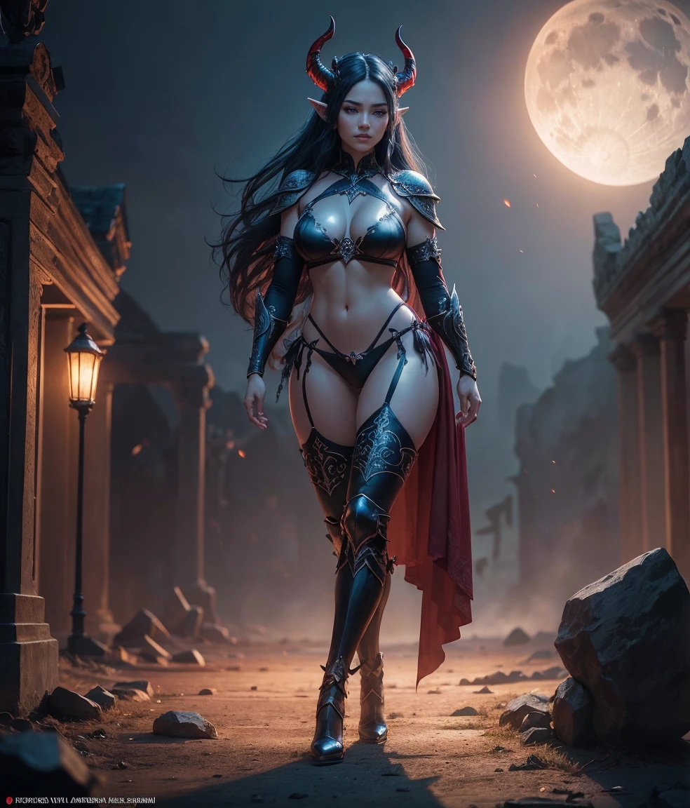 a beautiful busty Asian elf woman with demon horns, glowing eyes, and a demon tail, wearing a black and red bikini armor in ancient ruins at night under a full moon, black tattoo, boots, (best quality,4k,8k,highres,masterpiece:1.2),ultra-detailed,(realistic,photorealistic,photo-realistic:1.37),dark fantasy,cinematic lighting,dramatic atmosphere,vibrant colors,intricate details