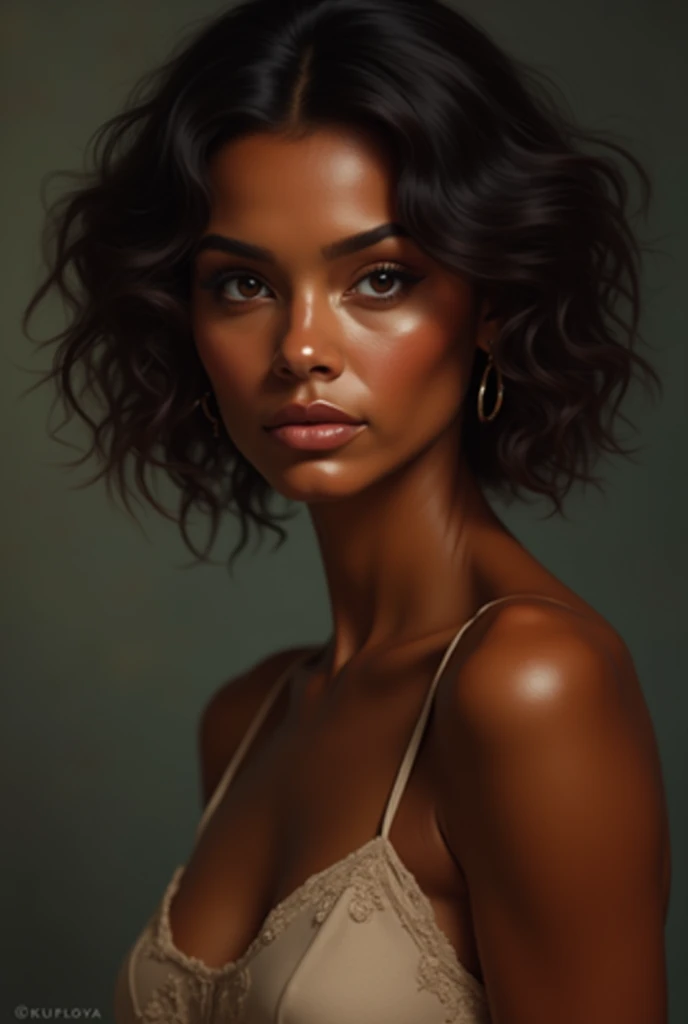 Black and Vietnamese mixed-race naked woman with turquoise eyes and fake boobs. And very Curly hair with freckles. And heterochromia