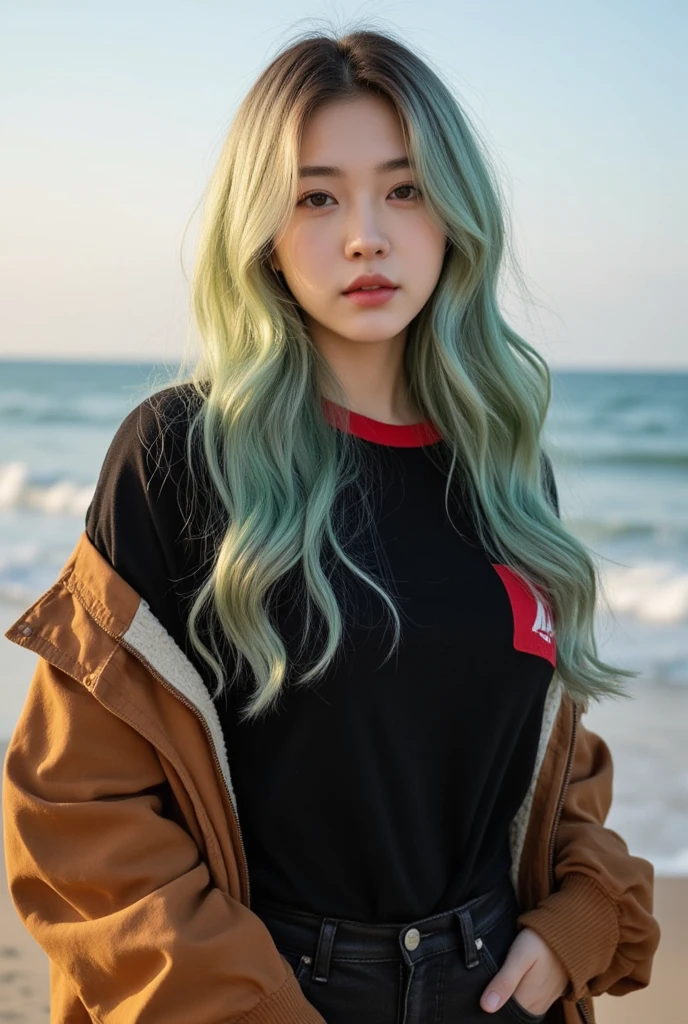 pale blonde teenage girl with bangs soft silky hair blue-green eyes wearing long black sweatshirt and black jeans, taking a photo of the coast on the beach taking a close-up, darkening purple sky and good quality