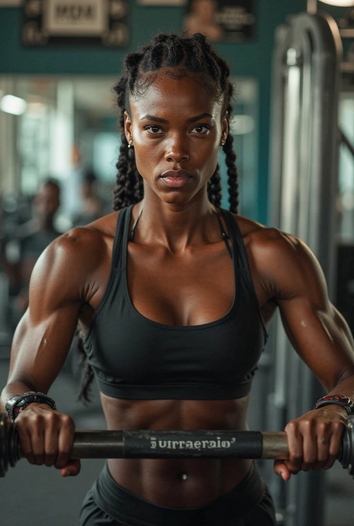 "Create an image of a strong and athletic black girl after an intense workout. She is covered in sweat, with droplets visible on her face, arms, and torso, showcasing her hard work and determination. Her expression is one of focus and resilience, with her arms raised in a victorious pose. The setting is a gym or fitness environment, emphasizing her dedication and strength."